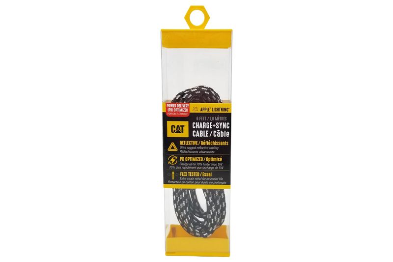 Cable cargador USB-C 6 pies MFI Certified Apple Lightning CAT, producto dentro de su empaque transparente y amarillo