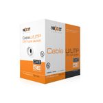 Cable UTP 4 par 25 AWG CM gris Cat5e Nexxt, caja blanca con detalles naranjas y texto descriptivo