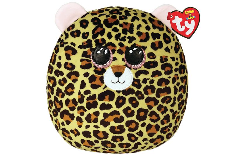 Leopardo Livvie Squishy Beanies TY, primer plano frontal del peluche redondo con estampado de leopardo y etiqueta roja