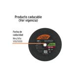 Disco abrasivo corte de metal 14" x 3 Truper, gráfico informativo sobre el producto caducable y fecha de vencimiento
