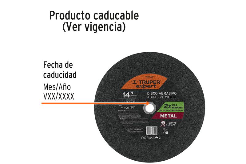 Disco abrasivo corte de metal 14" x 3 Truper, gráfico informativo sobre el producto caducable y fecha de vencimiento
