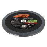 Disco abrasivo de corte de metal 14" x 3 Truper, vista frontal del disco con etiqueta informativa negra y naranja