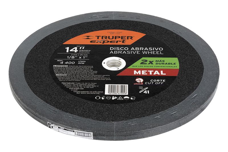 Disco abrasivo de corte de metal 14" x 3 Truper, vista frontal del disco con etiqueta informativa negra y naranja