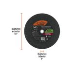Disco abrasivo de corte de metal 14" x 3 Truper, gráfico con indicaciones de diámetro exterior de 14" e interior de 1"