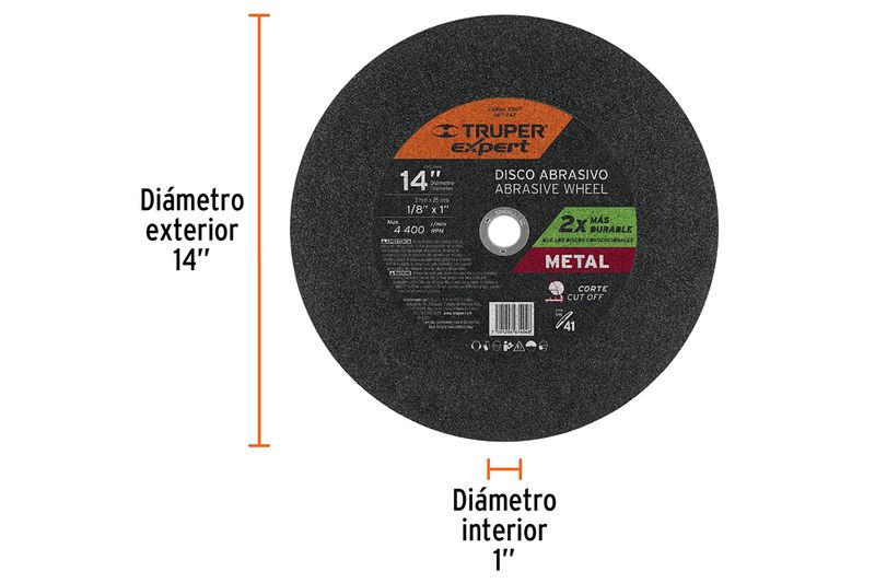 Disco abrasivo de corte de metal 14" x 3 Truper, gráfico con indicaciones de diámetro exterior de 14" e interior de 1"