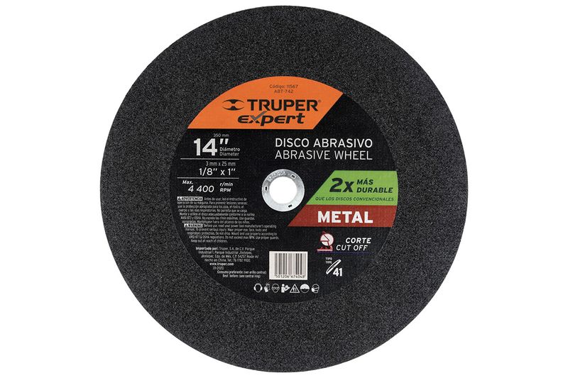 Disco abrasivo para corte de metal Truper de 14 pulgadas x 3 mm, vista frontal del disco circular color gris oscuro