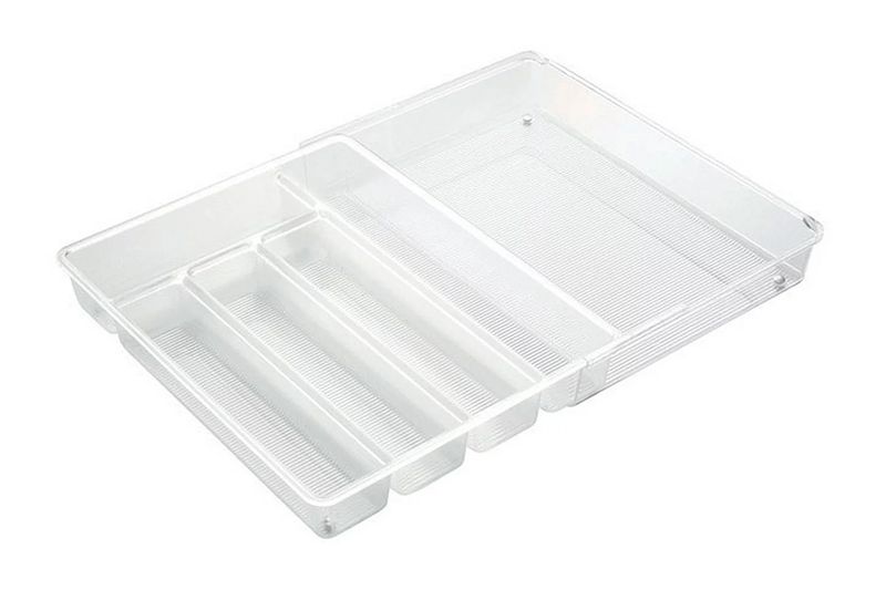 Organizador plástico Linus de cocina para cubiertos iDesign, vista superior diagonal del recipiente transparente vacío