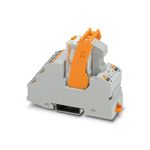 Módulo de relé 4 contactos conmutados 120 V AC Phoenix Contact, vista en perspectiva del dispositivo gris con palanca naranja