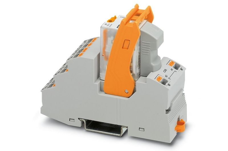 Módulo de relé 4 contactos conmutados 120 V AC Phoenix Contact, vista en perspectiva del dispositivo gris con palanca naranja