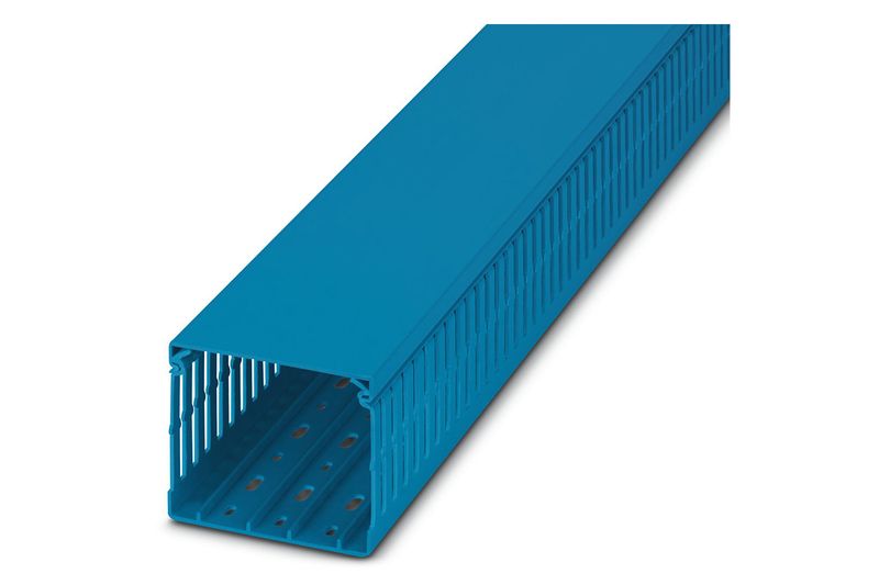 Ducto ranurado azul 100x80 mm 2 metros Phoenix Contact, vista en perspectiva del canal con ranuras laterales