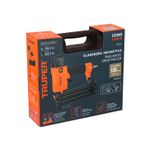 Clavadora neumática 3/8 a 2 pulgadas calibre 18 Truper, vista frontal de la caja naranja con especificaciones técnicas