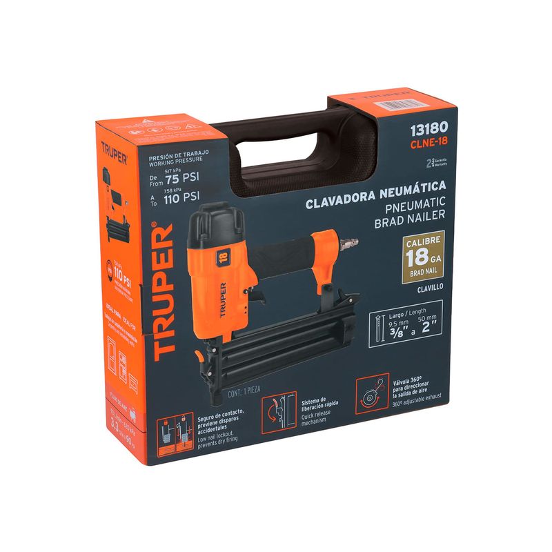 Clavadora neumática 3/8 a 2 pulgadas calibre 18 Truper, vista frontal de la caja naranja con especificaciones técnicas