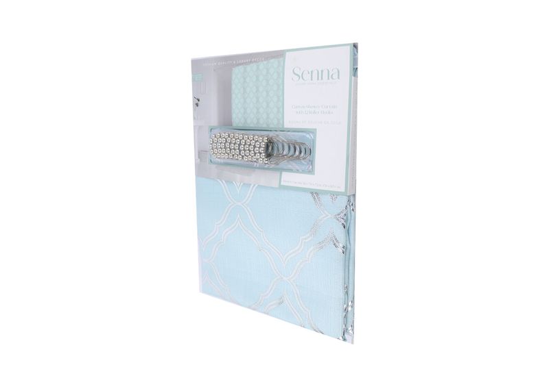 Cortina de baño con aros 13 piezas Centuria Sedona mineral/silver CHD Home, empaque cerrado con los aros a la vista