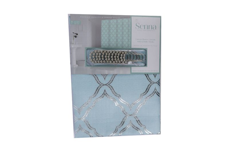 Cortina de baño con aros 13 piezas Centuria Sedona mineral y silver CHD Home, empaque plástico con ganchos visibles
