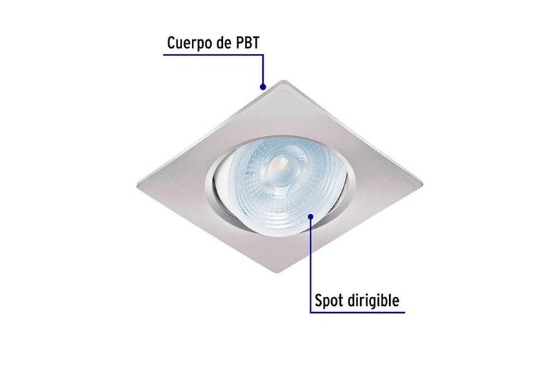 Luminario empotrable cuad spot dirigible 5 W 400 lm 6500 K plata Volteck, detalle del cuerpo de PBT y spot dirigible