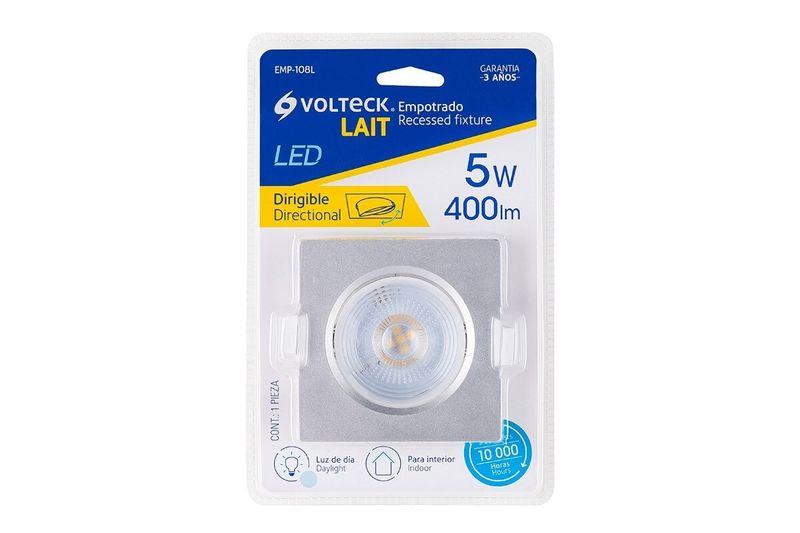 Luminario empotrable cuad spot dirigible 5 W 400 lm 6500 K plata Volteck, empaque plástico con tarjeta informativa