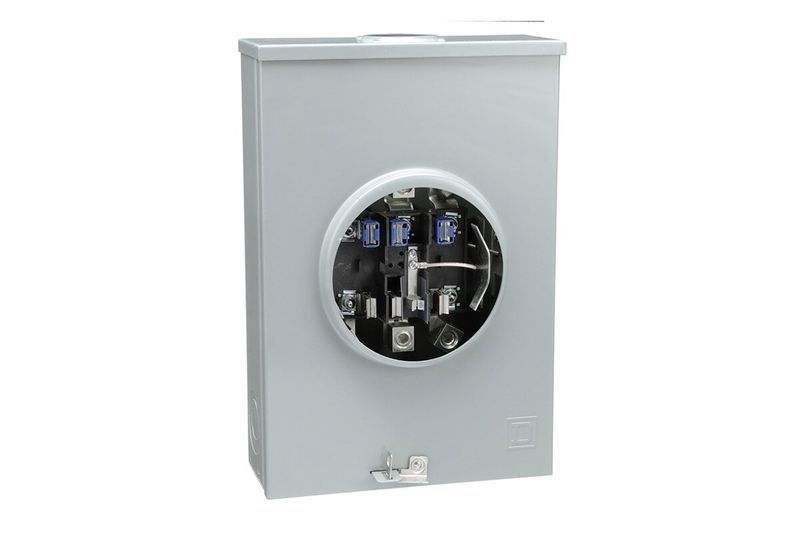 Base para medidor 3F 200A 600V NEMA 3R Schneider Electric, vista frontal abierta que muestra el interior eléctrico