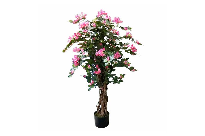 Planta decorativa con macetera 120 cm Concepts, vista frontal de follaje verde con flores rosadas y maceta negra