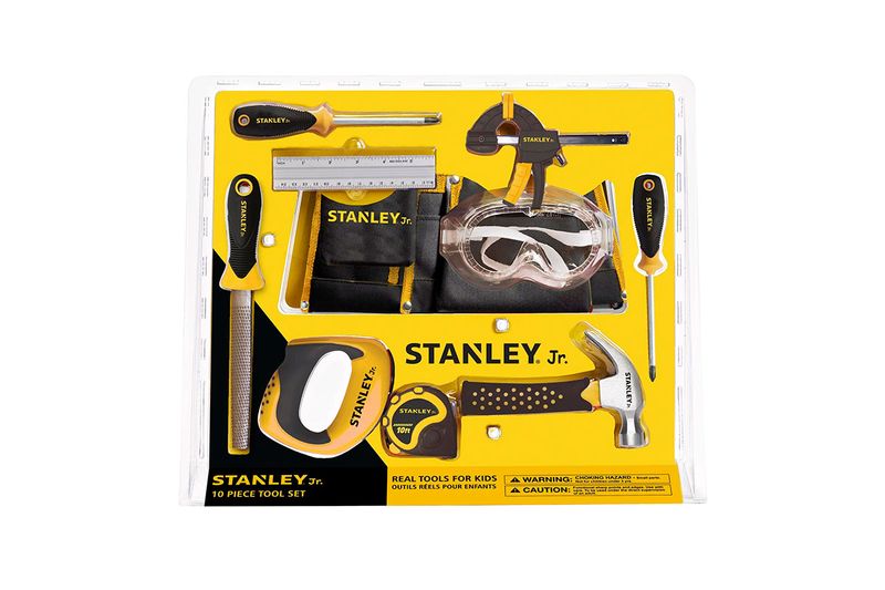 Juego de herramientas para niños 10 piezas Stanley, kit completo en empaque transparente con fondo amarillo