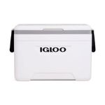 Hielera 25 qt blanco Marine Ultra Igloo, vista frontal cerrada con asa negra y logo en el centro