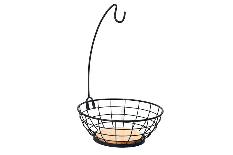 Cesta metálica para frutas 24x24x38 cm negra Concepts, vista lateral con gancho superior y base circular