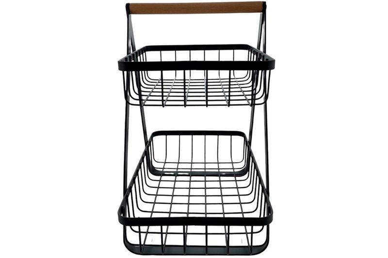 Canasta para frutas 2 niveles 27.3 x 17.5 x 29 cm negro Concepts, vista frontal del organizador con asa de madera