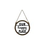 Placa decorativa de pared Our Happy Place Concepts, vista frontal circular con marco marrón y cuerda de colgar