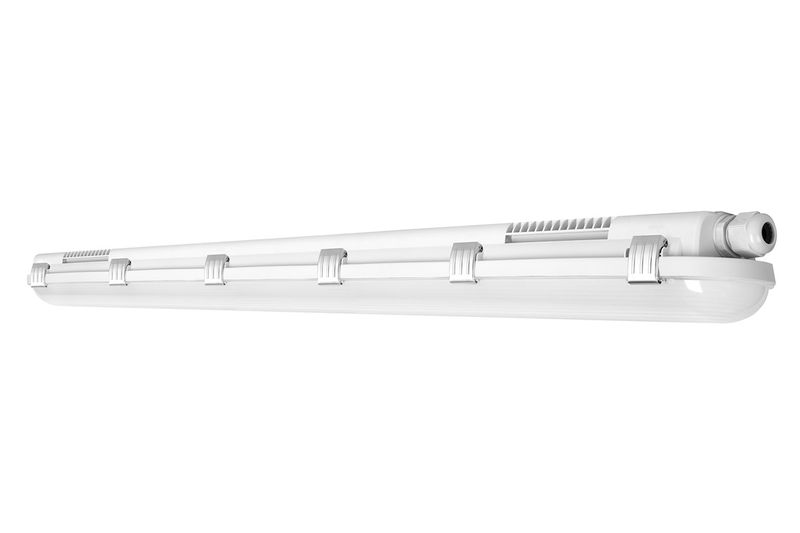 Luminaria WP damp PFM LED 24 pulgadas 23.4L865 MV 18 W Ledvance, vista lateral del equipo blanco con cierres metálicos
