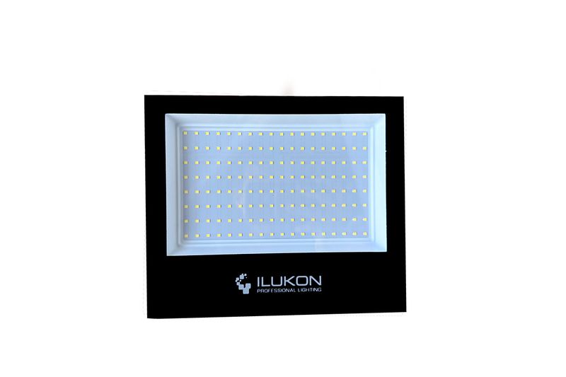 Reflector LED Flood EX Pro 120L865 100-277V 30Khrs 100W Ilukon, vista frontal del panel de luces LED y marco negro