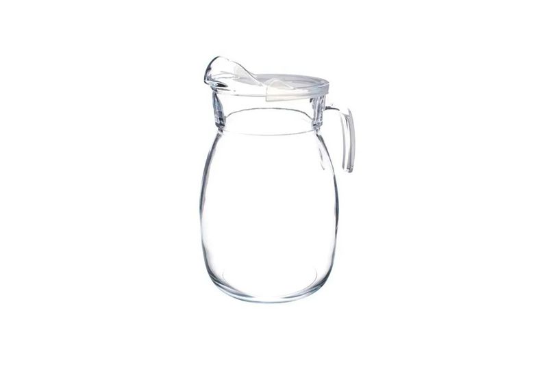 Jarra de vidrio 250 ml transparente Pasabahce, vista frontal con tapa y asa