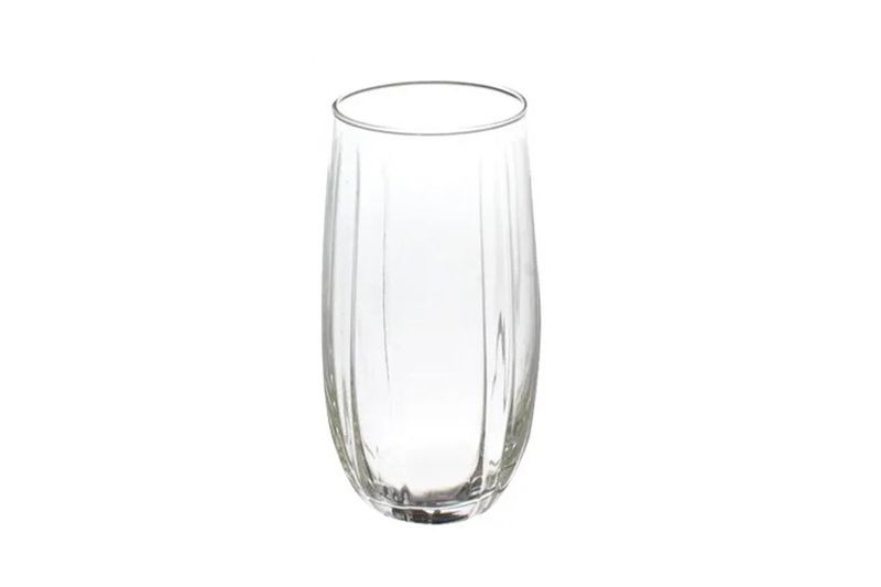Vaso de vidrio Linka de 6 piezas y 500 ml Pasabahce, primer plano frontal de un solo vaso transparente con relieves
