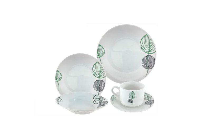 Juego de vajilla 20 piezas blanco, negro y verde Royal Line, detalle de platos hondos, plato llano y taza con plato