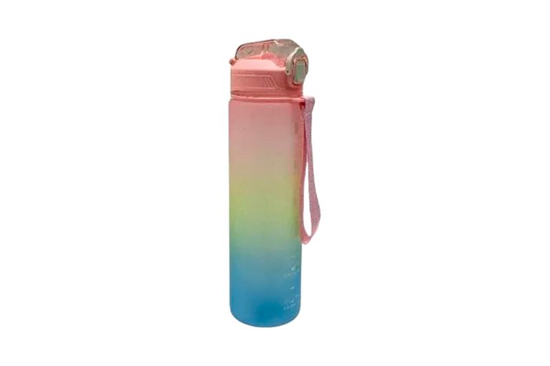 Botella plástica 1000 ml Life Art, vista frontal con degradado de colores rosa, amarillo y azul con correa lateral