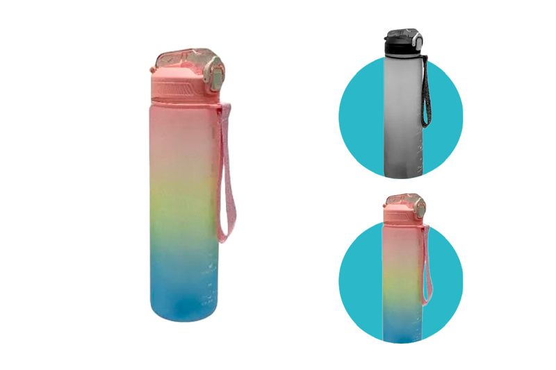Botella plástica 1000 ml Life Art, modelo degradado en colores rosado, amarillo y azul junto a opciones en gris y multicolor