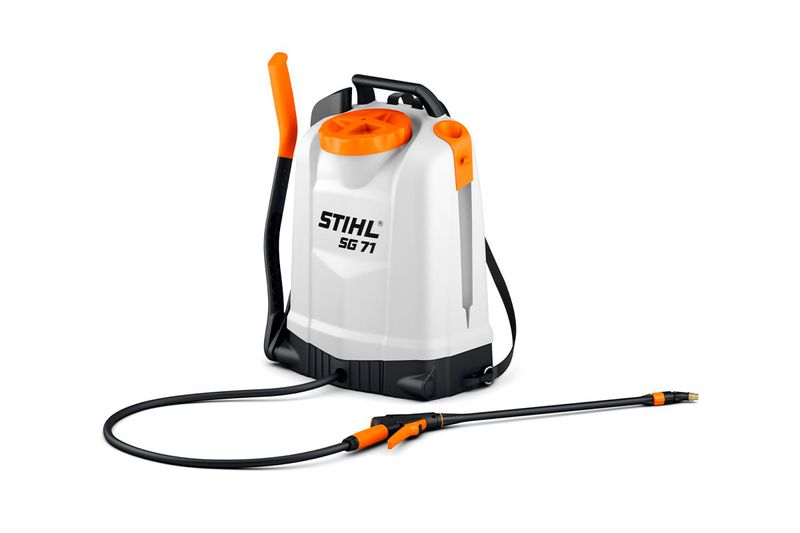 Bomba manual para fumigar mochila 18 L Stihl, tanque blanco con detalles naranjas y lanza de aplicación negra