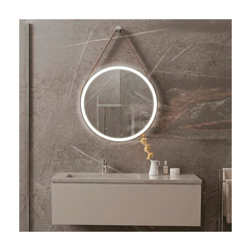 Espejo con luz LED 60x60 cm Homekemp, instalado en baño sobre mueble blanco con iluminación frontal encendida