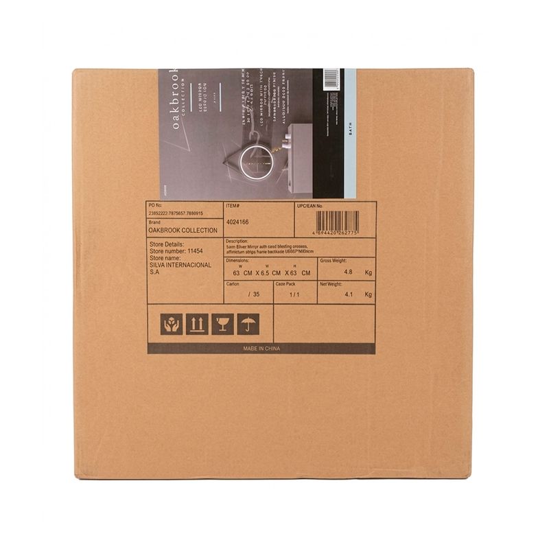 Espejo con luz LED 60x60 cm Homekemp, caja de cartón marrón con etiquetas de envío y especificaciones técnicas