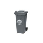 Basurero 120 lts con tapa y ruedas gris oscuro Virutex-Pro, vista lateral con logo blanco y rueda negra
