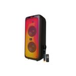 Parlante Bluetooth portátil Boomfire Pro 3000 W Klip Xtreme, vista frontal con luces LED multicolor, micrófono y control