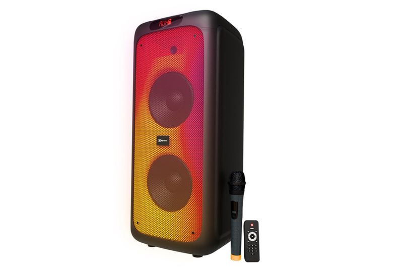Parlante Bluetooth portátil Boomfire Pro 3000 W Klip Xtreme, vista frontal con luces LED multicolor, micrófono y control