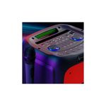 Parlante Bluetooth portátil Boomfire Pro 3000 W Klip Xtreme, primer plano del panel de control y micrófono inalámbrico