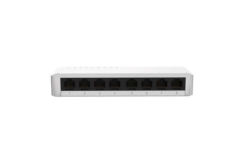 Switch 8 puertos alta velocidad 1 GB Nexxt, vista frontal del dispositivo blanco con sus puertos Ethernet numerados