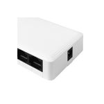 Switch 8 puertos alta velocidad 1 GB Nexxt, primer plano lateral del chasis blanco con puerto de alimentación