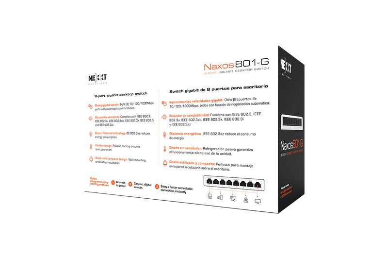 Switch 8 puertos alta velocidad 1 GB Nexxt, infografía con especificaciones técnicas y empaque del producto