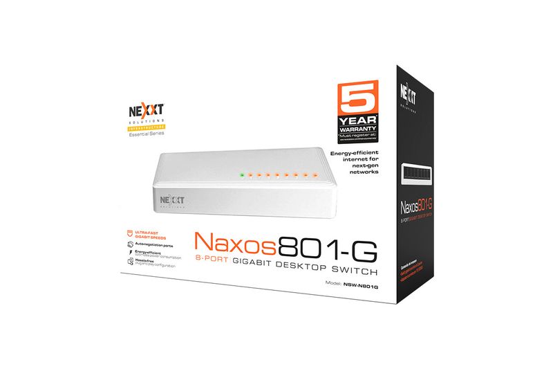 Switch 8 puertos alta velocidad 1GB Nexxt, empaque frontal con imagen del equipo y sello de garantía de 5 años