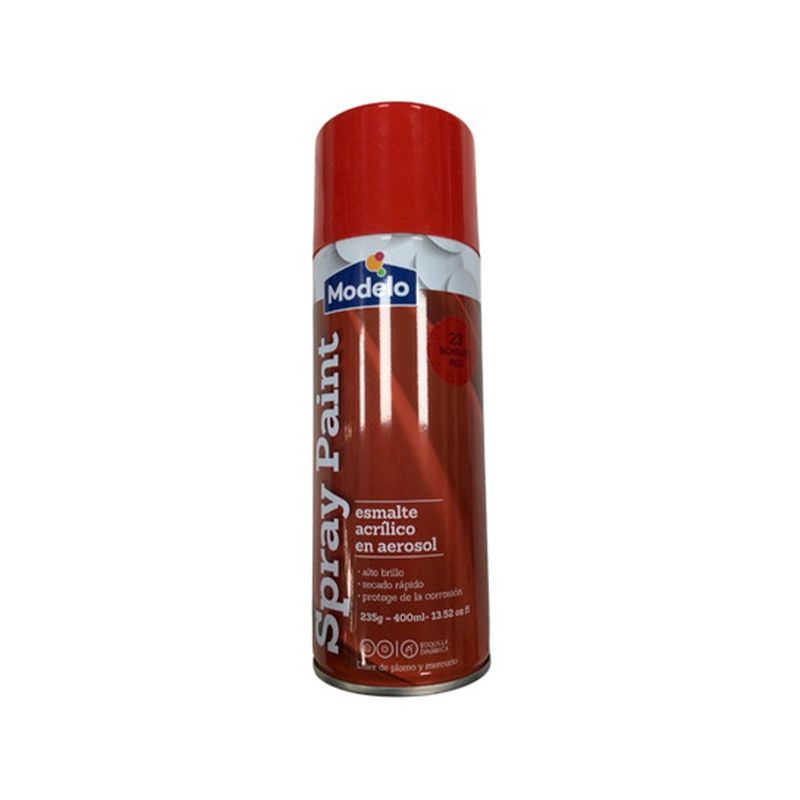 Spray Modelo de 11 onzas rojo escarlata brillante intermedia, envase cilíndrico con etiqueta roja y blanca