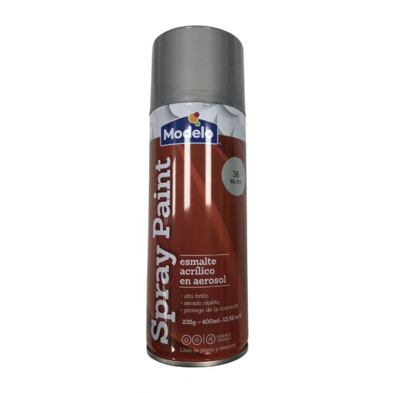 Spray Modelo de 11 onzas plateado brillante intermedia, envase cilíndrico con etiqueta roja y gris