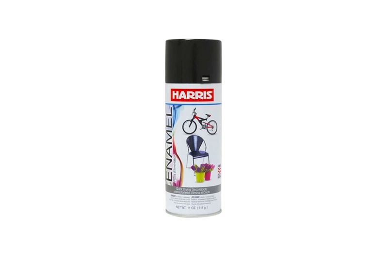 Spray Modelo de 11 onzas negro mate intermedia, envase cilíndrico blanco con tapa negra y etiquetas ilustradas