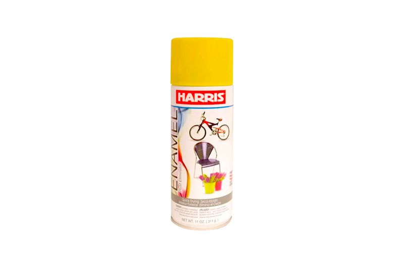 Spray Modelo de 11 onzas amarillo brillante intermedia, envase cilíndrico blanco con tapa amarilla y marca Harris