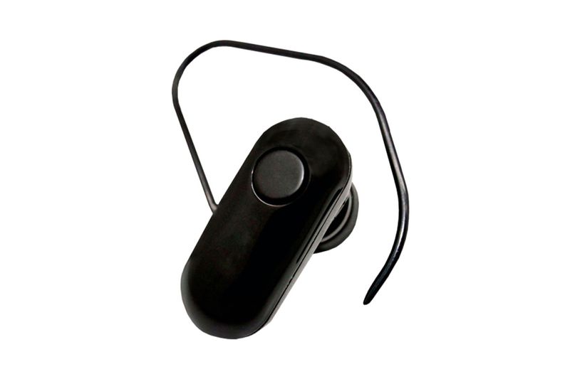 Audífonos Bluetooth blanco/negro GetPower, primer plano del auricular negro con gancho para oreja